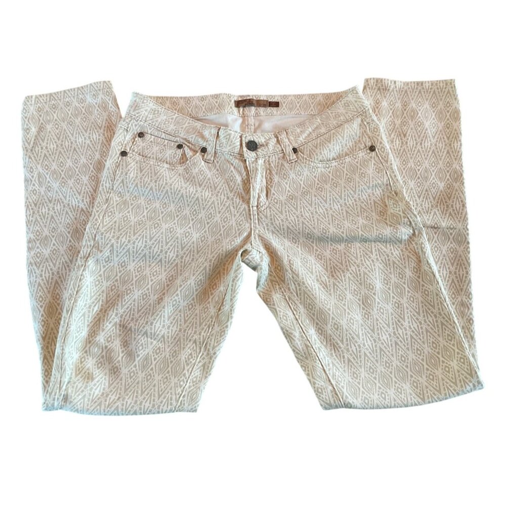 Prana Womens Beige Geometric Patterned Denim Pants Sz 2 waist 26 Cotton Blend